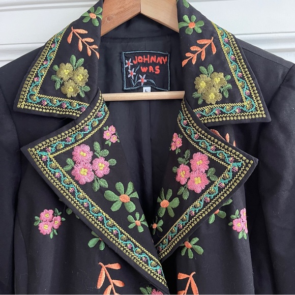 Johnny Was Embroidered Trench Coat Large Black Paisley Floral - Picture 4 of 9